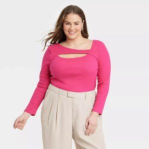 Women's Slim Fit Ribbed Long Sleeve Cut-Out T-Shirt - A New Day Pink XXL